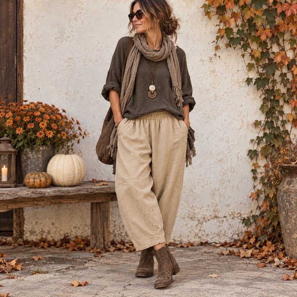 IXIMO Sz L Linen Blend Lagenlook Balloon Pants Beige Casual Neutral Boho Hippie